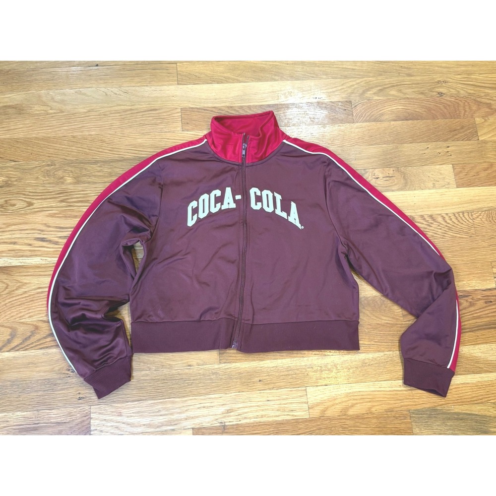 Coca-Cola Womens Track Jacket Maroon Red Cropped‎ Full Zip Logo Medium MD